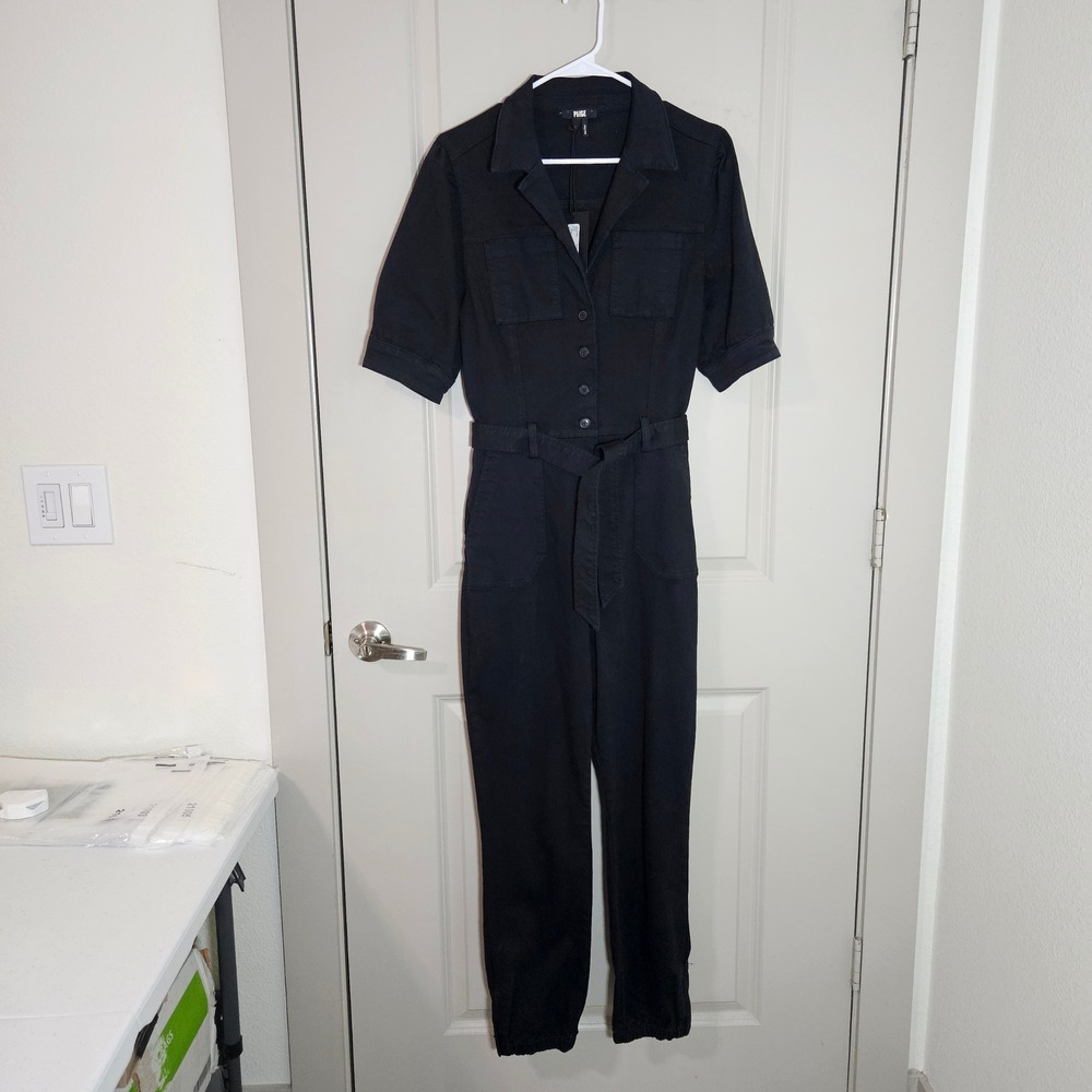 PAIGE Mayslie Jumpsuit Washed Black Short Sleeve Belted Utility Romper 6 NEW
